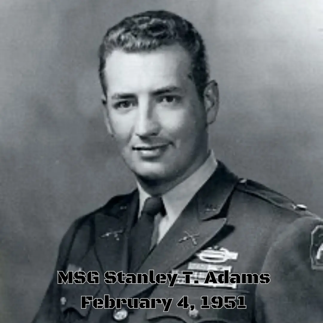 Tongue in check green text story of MSG Stanley T. Adams being awarded his Medal of Honor during the Korean War in 1951